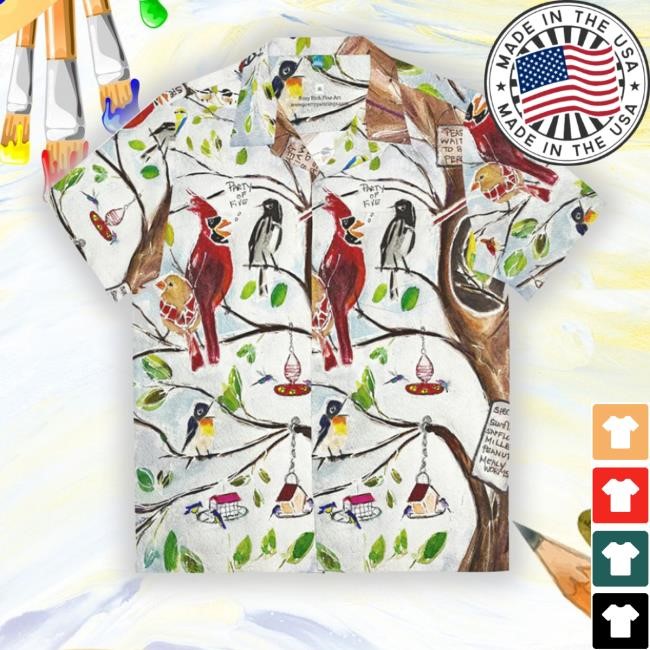 Party Of Five Birds At Tree Restaurant Painting Men's Hawaiian T Shirts