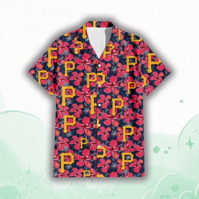 Pittsburgh Pirates Red Hibiscus Dark Gray Background 3D Hawaiian Shirt