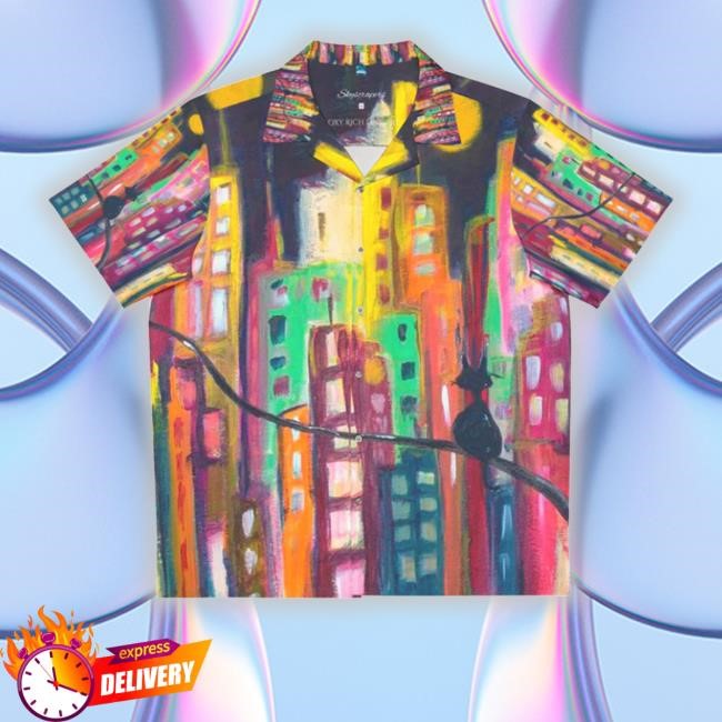 Skyscrapers City With A Kitty Mens Hawaiian New Shirt