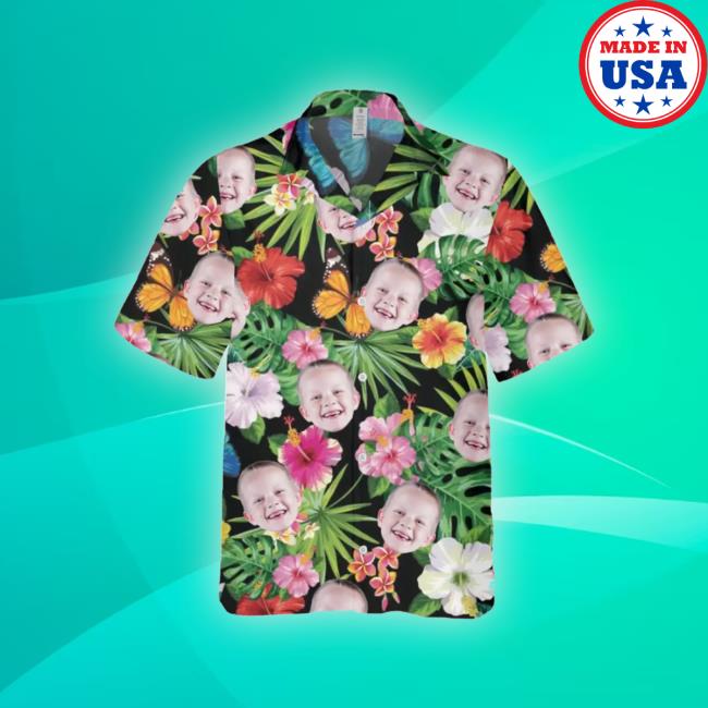 Personalized Hawaiian Shirt With Face, Custom Face Hawaiian Shirt For Man Woman, Custom Tropical Hibiscus Flower Butterfly Unisex Hawaiian Long Sleeve Shirt