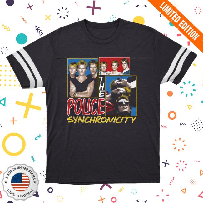 Official Merch Bar The Police Band Synchronicity Collage Distressed Shirt 2023 Vintage Navy Blended White MerchBar ThePolice